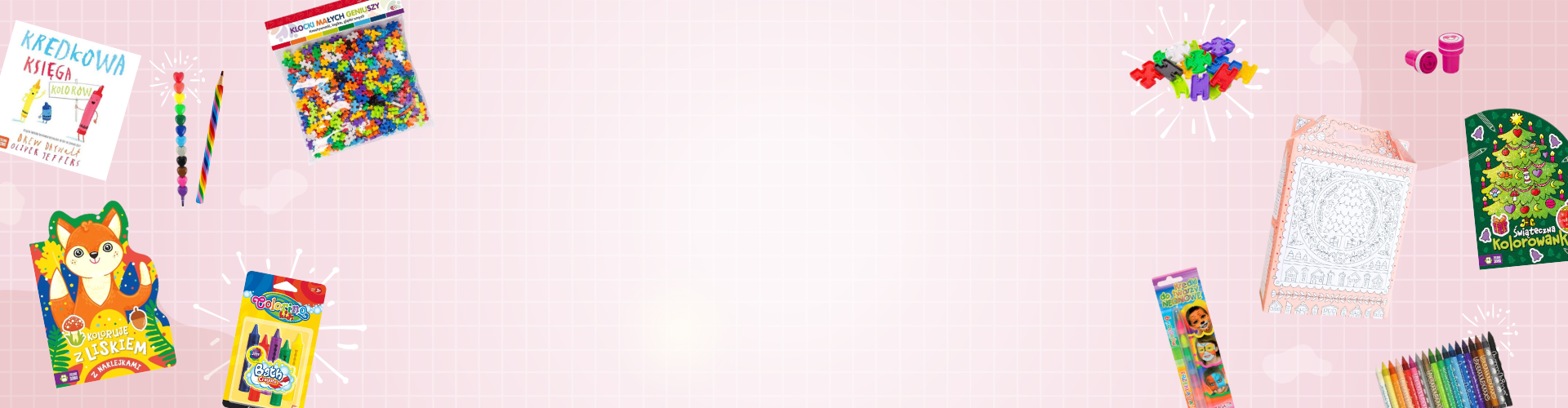 Pink Background with Toys, Markers and Children's Books floating around, featuring beautiful illustrated gift packaging on the right side.